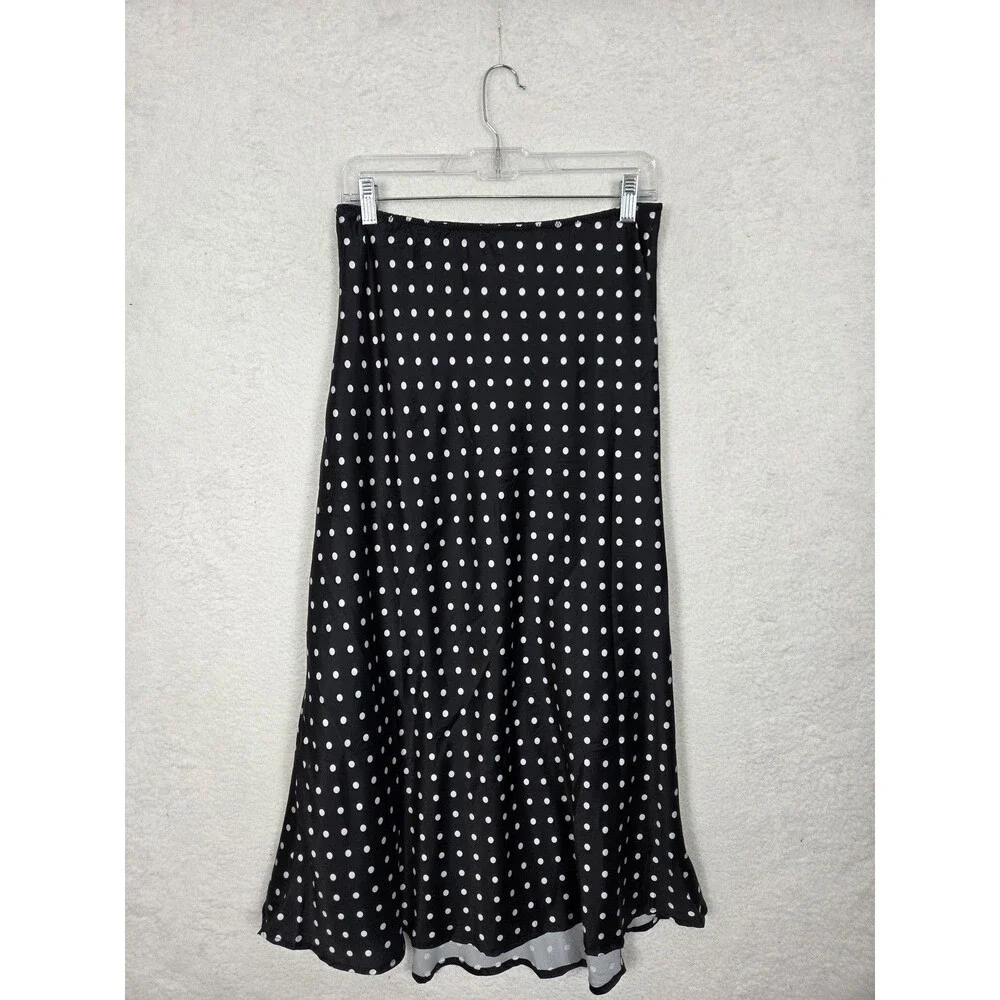 Womens Polka Dot Satin A-Line Skirt S‎ Black White Long Lined Slit Retro Modest
